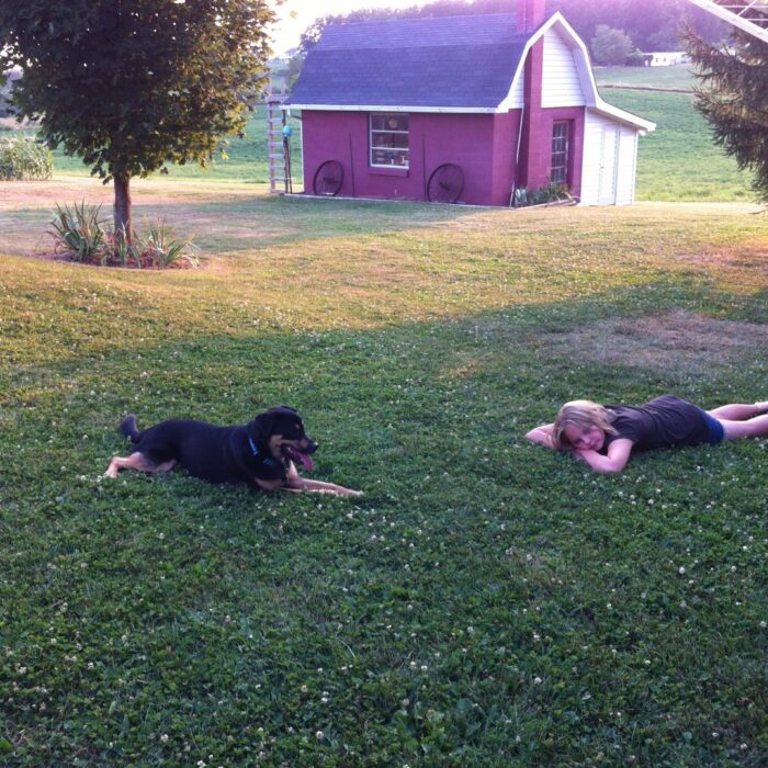 Bhindi hanging out with Laurel on. the grass
